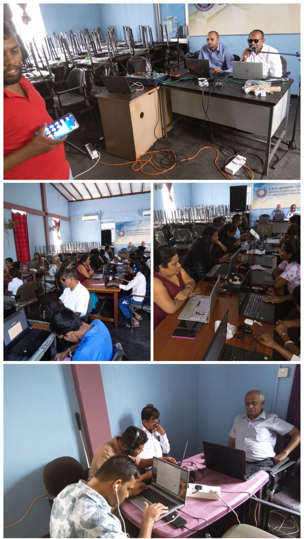 Four scenes from the Zero Barriers training in Sri Lanka: a facilitator speaking into a microphone at the front of a hall, and blind and low vision graduates working at laptops with headphones and earphones.